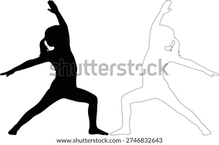 This premium vector asset features a high-quality dual-representation of a young girl performing a classic yoga warrior pose (Virabhadrasana). The set is meticulously crafted to include both a solid black silhouette and a minimalist line art outline, providing maximum versatility for graphic designers and content creators. These illustrations are designed with the technical precision required for commercial stock marketplaces, featuring clean, sharp edges that remain perfectly defined even when scaled for large-format printing or 8K digital displays.
In the context of modern wellness, these icons serve as an ideal visual for childhood health, mindfulness programs, and physical education. The minimalist aesthetic allows the icons to blend seamlessly into various design environments, from mobile app interfaces for fitness tracking to educational posters and yoga studio branding. Because the set includes both a silhouette and an outline, it offers a "ready-to-use" solution for designers who need to switch between bold, high-contrast visuals and light, modern wireframes.