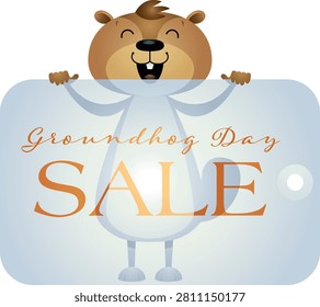 This premium vector illustration features a cheerful Groundhog Day Sale promotional design showcasing an adorable cartoon groundhog proudly holding a large display sign created for seasonal retail campaigns and holiday advertising. Designed with a playful personality, expressive smile, oversized front teeth, and friendly appearance, the charming woodland mascot immediately captures attention while celebrating one of North America's most recognizable February traditions. The illustration combines festive seasonal marketing with classic folklore, making it an outstanding creative resource for commercial advertising, retail promotions, greeting cards, social media campaigns, educational materials, event announcements, business branding, digital publishing, and print design.

The main focus of the artwork is a delightful cartoon groundhog illustrated in a warm, approachable style that appeals to audiences of every generation. The smiling animal features rounded proportions, expressive eyes, soft brown fur, and exaggerated front teeth that enhance its friendly personality. Standing upright while presenting a large promotional sign, the mascot creates a welcoming atmosphere that encourages customer engagement, shopping excitement, holiday participation, and community celebration. The humorous expression introduces warmth and entertainment while maintaining a polished professional appearance suitable for commercial licensing.

The oversized display sign provides generous space for customizable promotional content including discount announcements, seasonal offers, limited-time promotions, special pricing, event schedules, company branding, marketing headlines, website addresses, QR codes, store information, sponsor logos, advertising messages, coupon details, business contact information, or personalized campaign graphics. This flexible layout allows retailers, designers, advertisers, and business owners to adapt the illustration for numerous promotional purposes while maintaining excellent readability.