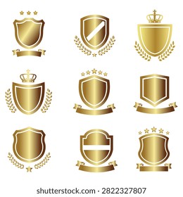 This premium vector illustration features a collection of nine elegant golden shield emblems and heraldic crest templates isolated on a white background. Designed with a rich metallic gradient, each polished shield variant is embellished with royal icons including classic crowns, sweeping laurel wreaths, blank accent banners, and guiding stars. Perfect for creating custom security badges, luxury corporate logos, high-quality product certification stamps, or sport championship medals, these versatile empty frames provide ample space for custom text, initials, or brand typography.#GoldenShields #LuxuryBranding #HeraldicCrest #PremiumBadges #GoldEmblems #VectorTemplates #AwardInsignia #LaurelWreath #SecurityLogo #GraphicDesignAsset