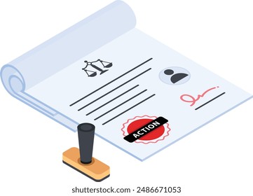 This premium vector illustration showcases a legal action document on a rolled notepad, featuring a legal scales icon, a user profile symbol, a signature, and an "ACTION" seal.