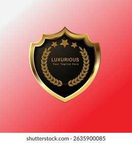 This premium vector logo features a luxurious black and gold shield badge with a laurel wreath, crown, and golden stars, symbolizing authority, prestige, and excellence. 