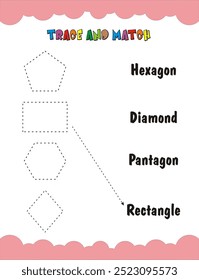 This preschool worksheet helps kids learn shapes. Children will trace and color each shape, then match it to the name of a picture.