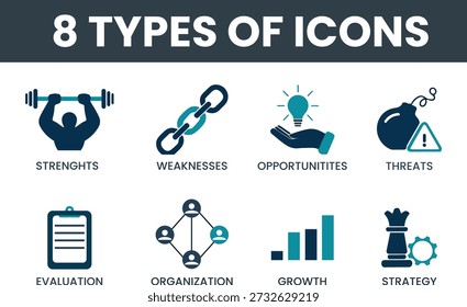 Este conjunto de iconos de negocios profesionales presenta ocho iconos esenciales que representan conceptos estratégicos y organizativos clave, incluidos puntos fuertes, debilidades, oportunidades, amenazas, evaluación, organización, crecimiento y estrategia. Diseñados en un estilo plano moderno con un simbolismo claro, estos íconos son ideales para presentaciones de negocios, análisis FODA, materiales de marketing, informes corporativos, paneles, Sitios web, aplicaciones móviles e infografías. Los iconos comunican visualmente los conceptos de planificación, toma de decisiones, análisis de desempeño, liderazgo y crecimiento del negocio. Perfecto para startups, emprendedores, consultores, analistas y Equipos corporativos que buscan mejorar la visualización de datos, la marca y la comunicación profesional con Elementos gráficos limpios, escalables y versátiles.