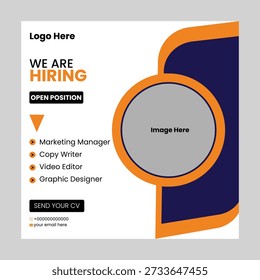 This is a professional and clean "We Are Hiring" social media banner design template. Featuring a modern orange and navy blue color scheme, it is perfect for any business or agency looking to recruit new talent. The file is fully editable in EPS format, organized in layers, and uses free fonts