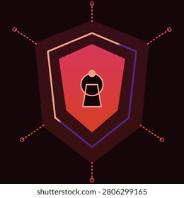 This professional digital graphic features a stylized red and orange gradient shield representing cyber security. Centered within the shield is a simple keyhole icon, symbolizing data protection and privacy. Connected nodes extend outward, suggesting a secure network infrastructure. The dark background emphasizes the modern, tech-focused design for modern business applications.