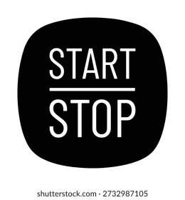 Este ícono digital profesional presenta una forma cuadrada redondeada en negro sólido, que contiene el texto blanco apilado "START" y "STOP" separados por una línea Horizontal limpia. La tipografía sans-serif de alto contraste garantiza la máxima legibilidad para los diseños de interfaz de usuario (UI) y experiencia de usuario (UX). Este gráfico minimalista es perfecto para desarrolladores de software y diseñadores de Web que buscan un Botón de control universal para interfaces de maquinaria industrial, temporizadores, software de grabación o aplicaciones de reproductor de medios.
