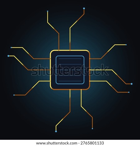 This professional digital illustration features a central processing unit core at the center of a dark background. Golden circuit lines branch out symmetrically from the chip, representing electronic pathways and data flow. It is an advanced concept perfect for themes involving computer hardware, artificial intelligence, networking, and modern semiconductor technology.
