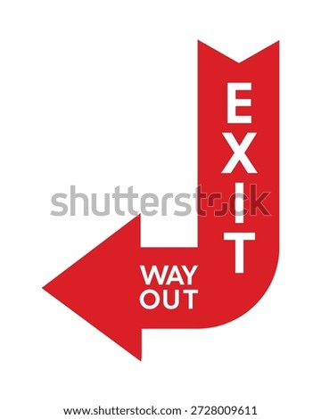 This professional directional vector sign features a bold red L-shaped arrow pointing to the left, designed to guide users toward a safe exit. The graphic includes white "EXIT" text running vertically along the top stem and "WAY OUT" text horizontally within the left-pointing arrow head. This high-visibility asset is essential for building safety plans, emergency exit route marking, commercial facility navigation, and event wayfinding protocols.