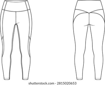 This professional fashion flat sketch depicts the front and back views of women’s high-waisted leggings, featuring specialized athletic seam lines for a flattering fit. It serves as an essential design template for sportswear manufacturing, activewear product development, and professional fashion technical packs.This professional fashion flat sketch depicts the front and back views of women’s high-waisted leggings, featuring specialized athletic seam lines for a flattering fit. It serves as an essential design template for sportswear manufacturing, activewear product development, and professional fashion technical packs.