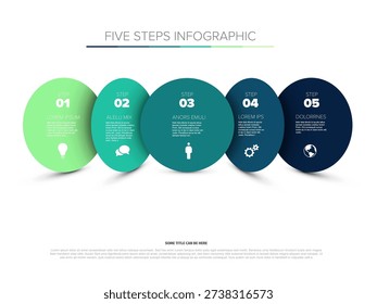 This professional five steps infographic features overlapping circles to represent a five steps business flow. Use this template for clear data visualization and project planning.