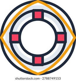 This professional flat icon features a nautical lifebuoy safety ring with classic red and white sections. Surrounded by a circular yellow frame and dark outlines, it represents maritime security and emergency rescue. Ideal for shipping industries, seaside vacation themes, or safety-related projects, the minimalist design ensures highly effective visual communication.