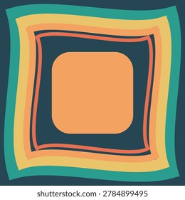 This professional flat illustration features concentric wavy square shapes in a nostalgic nineteen seventies color scheme. The design uses muted teal, mustard yellow, and burnt orange tones to create a psychedelic groovy aesthetic. It is a versatile background ideal for vintage posters, social media graphics, and creative retro branding projects.