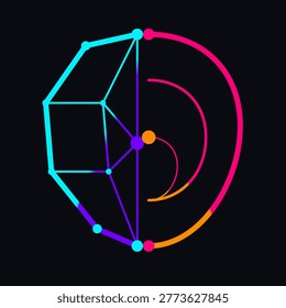 This professional graphic depicts the duality of the human mind using geometric patterns for logic and flowing lines for creativity