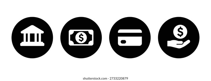 Diese professionelle Grafik verfügt über vier minimalistische, kontrastreiche Finanzsymbole, die in schwarze, kreisförmige Rahmen eingebettet sind. Die weißen Vektorsymbole stellen wichtige Bank- und Wirtschaftskonzepte dar, darunter ein Bankgebäude, eine Papierwährung mit einem Dollarzeichen, eine Kreditkarte und eine Hand, die eine Dollarmünze hält, um Investitionen oder Ersparnisse darzustellen. Diese sauberen, modernen Symbole eignen sich ideal für mobile Bankanwendungen, Fintech-Webseiten, E-Commerce-Checkout-Seiten und Personal Finance Management-Tools.