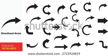 This professional graphic resource features a wide variety of black directional arrows, meticulously designed for versatile use in navigation, UI or UX, and infographics. Isolated on a transparent-ready background, the set includes everything from simple straight pointers and blocky directional indicators to elegant curved arcs, L-shaped right-angle turns, and U-turn reversal symbols. The collection also showcases specialized icons like full circular loops for rotation and multi-pointed arrows for forceful emphasis. With varying thicknesses—from slender line art to robust solid silhouettes—these high-quality editable vector assets provide a comprehensive toolkit for communicating progression, cycles, and movement. The monochrome palette ensures maximum adaptability, allowing for seamless integration into any branding or stylistic requirement without visual distraction.

Key Features include:
Extensive Shape Variety: Includes straight, curved, semicircular, U-shaped, and L-shaped arrows for complex directional needs.

Functional Navigation Icons: Perfect for representing cycles, refreshes, reversals, and specific directional changes in digital interfaces.

Minimalist and Robust Designs: A mix of elegant thin curves and bold solid shapes to suit different visual hierarchies.

Professional Vector Quality: Fully scalable and editable EPS file, allowing for easy adjustment of stroke weight, color, and size for print or web.