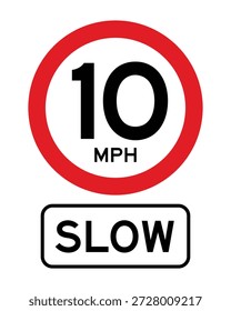 Este vetor de alta visibilidade profissional representa um sinal de limite de velocidade de 10 MPH projetado para controle de tráfego em áreas residenciais, estacionamentos ou canteiros de obras. O gráfico apresenta um círculo vermelho simbólico com o número "10" e o texto "MPH" dentro, acompanhado por uma placa retangular inferior com a leitura "LENTO" em negrito tipografia sans-serif preto. É ideal para gerenciamento de instalações, documentação de segurança rodoviária e aplicações de navegação que exigem sinalização de precaução clara.