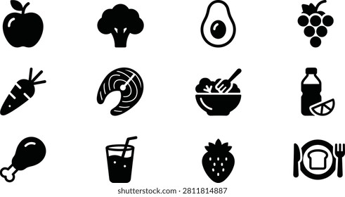 This professional icon collection features a comprehensive set of high-quality, flat vector symbols focused on healthy food, nutrition, and balanced diet choices. The set includes icons for fresh fruits and vegetables (apple, broccoli, avocado, grapes, carrot, strawberry), healthy proteins (fish, poultry), prepared meals (salad, breakfast plate), and beverages (water with lemon, juice). Designed with clean lines and a minimalist aesthetic, these versatile assets are ideal for health and wellness applications, diet planning tools, nutrition blogs, restaurant menus, and fitness websites. Fully scalable and editable, they provide a polished look for any health-conscious design project.This professional icon collection features a comprehensive set of high-quality, flat vector symbols focused on healthy food, nutrition, and balanced diet choices. The set includes icons for fresh fruits and vegetables (apple, broccoli, avocado, grapes, carrot, strawberry), healthy proteins (fish, poultry), prepared meals (salad, breakfast plate), and beverages (water with lemon, juice). Designed with clean lines and a minimalist aesthetic, these versatile assets are ideal for health and wellness applications, diet planning tools, nutrition blogs, restaurant menus, and fitness websites. Fully scalable and editable, they provide a polished look for any health-conscious design project.