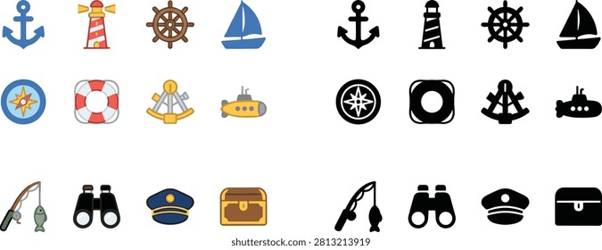 This professional icon collection features a comprehensive range of nautical and maritime-themed symbols, presented in both vibrant colorful designs and clean, minimalist solid black silhouettes. These vector illustrations are fully scalable, making them ideal for travel websites, sailing club branding, marine exploration mobile apps, educational materials, and thematic design projects. The set includes a variety of essential maritime elements such as anchors, lighthouses, ship wheels, sailboats, compasses, lifebuoys, sextants, submarines, fishing gear, binoculars, captain's hats, and treasure chests. These versatile icons are designed to help you evoke the spirit of the sea and provide clear visual communication for any ocean-related project.This professional icon collection features a comprehensive range of nautical and maritime-themed symbols, presented in both vibrant colorful designs and clean, minimalist solid black silhouettes. These vector illustrations are fully scalable, making them ideal for travel websites, sailing club branding, marine exploration mobile apps, educational materials, and thematic design projects. The set includes a variety of essential maritime elements such as anchors, lighthouses, ship wheels, sailboats, compasses, lifebuoys, sextants, submarines, fishing gear, binoculars, captain's hats, and treasure chests. These versatile icons are designed to help you evoke the spirit of the sea and provide clear visual communication for any ocean-related project.