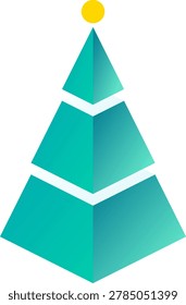 This professional isometric illustration features a three-tiered teal gradient pyramid structure against a clean white background. It represents organizational hierarchy, data analysis levels, or corporate growth strategy. A vibrant yellow circle sits at the peak, symbolizing an ultimate goal, success, or the final stage in a multi-step business management process.