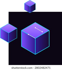 This professional isometric illustration showcases three purple cubes representing decentralized blockchain technology or digital data storage units. Featuring vibrant gradients and cyan outlines against a dark square background, the graphic symbolizes modern cryptocurrency mining, network security, and financial technology infrastructure through a clean, minimalist, and high-tech conceptual design visual aesthetic.