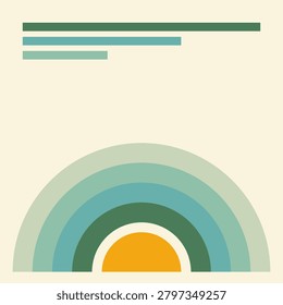 This professional minimalist graphic features a vintage nineteen seventies inspired sunburst aesthetic. It showcases concentric arched stripes in varying shades of teal and green rising above a vibrant orange semi-circle sun. The composition includes horizontal accent bars on a light cream background, creating a clean mid-century modern visual design.
