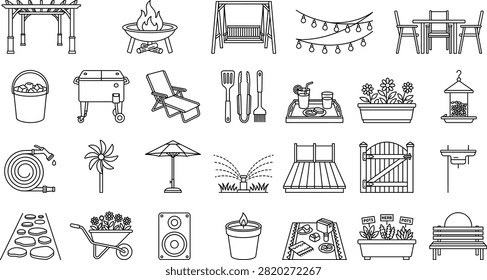This professional outline vector icon set illustrates outdoor living essentials, backyard furniture, and landscaping elements. It is ideal for exterior design projects, patio planning, and garden store branding.