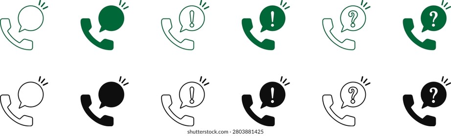 This professional phone call communication icon collection features outline and solid icons in green and black color variations with speech bubbles, notification, alert, exclamation, and question symbols. Perfect for customer support platforms, contact centers, help desks, mobile applications, websites, dashboards, communication tools, and user interface design. These scalable vector icons include editable strokes and clean minimalist styling, making them ideal for call notifications, messaging systems, customer service, and digital communication projects.

#PhoneIcons #CallIcons #Communication #CustomerSupport #Notification #ChatIcons #Alert #Question #HelpDesk #Hotline #SpeechBubble #VectorIcons #OutlineIcons #SolidIcons #GreenIcons #UI #UX #WebDesign #MobileApp #IconCollection