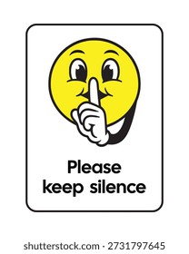 Este aviso de zona tranquila profissional apresenta um personagem emoji amarelo proeminente "shushing" segurando um dedo em seus lábios para sinalizar a necessidade de silêncio. Abaixo do ícone expressivo, o sinal exibe o texto educativo claro e educado "Please keep silent" em negrito e moderno sans-serif. Ideal para uso em bibliotecas, salas de estudo, clínicas médicas e escritórios abertos, esse sinal vertical de alta visibilidade ajuda a manter um ambiente produtivo e respeitoso, minimizando as interrupções de ruído.