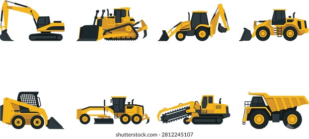 This professional set features detailed flat vector illustrations of various heavy-duty construction vehicles and earthmoving equipment. These graphics are ideal for industrial infographics, engineering presentations, and commercial design projects.
