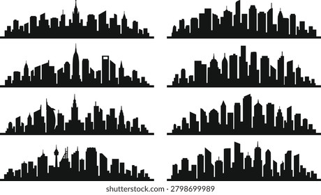 This professional set features eight unique city skyline silhouettes with diverse architectural styles and skyscraper heights. The high-contrast vector illustrations are ideal for modern urban branding, website banners, and real estate marketing materials.
