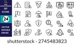 This professional set of twenty-four black line icons illustrates risk management, featuring warning signs, fire hazards, shields, tornadoes, magnifying glasses, and strategic safety protocols
