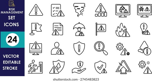 This professional set of twenty-four black line icons illustrates risk management, featuring warning signs, fire hazards, shields, tornadoes, magnifying glasses, and strategic safety protocols