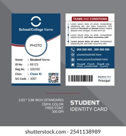 This is a professional student ID card design template, crafted for schools, colleges, and universities. Featuring a clean layout, it includes sections for student photo,name, ID number, and essential
