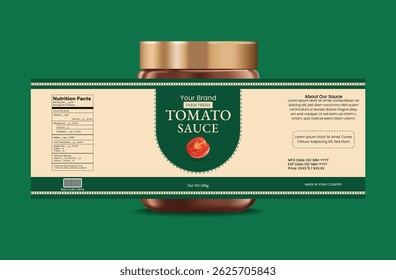 This professional tomato sauce label template is perfect for glass jars and food packaging. Designed with a rich green and cream color palette, it highlights a farm-fresh, homemade aesthetic. 