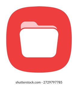 This professional vector application icon features a minimalist white file folder symbol centered within a vibrant red rounded-square frame. Designed for modern digital interfaces, the graphic uses clean lines to represent data organization, document storage, and file management. This high-quality UI asset is ideal for mobile app development, cloud storage software interfaces, website navigation menus, and digital filing system documentation.