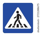 This professional vector asset features a high-visibility pedestrian crossing sign designed for traffic safety and urban navigation. The design consists of a dark blue square background with rounded corners, containing a white triangle that frames a minimalist black silhouette of a person walking across a zebra crosswalk. This universal safety symbol is ideal for road infrastructure planning, educational driver awareness materials, and urban transportation signage to promote secure pedestrian transit and street safety