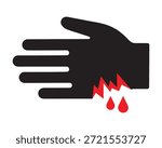 This professional vector asset features a minimalist animal bite hazard icon designed for universal safety recognition in zoos, wildlife sanctuaries, and veterinary clinics. The design consists of a bold black silhouette of a human hand with a jagged red bite mark and blood droplets to provide an immediate visual warning of physical injury risks. This isolated symbol is ideal for custom safety signage, educational brochures, and facility hazard mapping to ensure public awareness and prevent animal-related injuries.