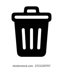 This professional vector asset features a high-contrast black silhouette of a classic trash can with a lid and vertical detailing. Designed as a universal symbol for waste disposal and sanitation, this clean graphic is ideal for facility management signage, park waste bin labels, digital user interface (UI) "delete" buttons, and environmental educational materials. The bold, geometric design ensures immediate recognition and versatility across print and digital media.