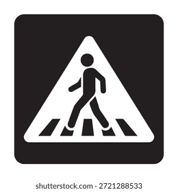 This professional vector asset features a high-visibility pedestrian crossing sign designed for traffic safety and urban navigation. The design consists of a solid black square background with rounded corners, containing a white triangle that frames a minimalist black silhouette of a person walking across a zebra crosswalk. This universal safety symbol is ideal for road infrastructure planning, educational driver awareness materials, and urban transportation signage to promote secure pedestrian transit and street safety.