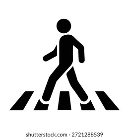 This professional vector asset features a high-visibility pedestrian crossing icon designed for clear communication in traffic safety and urban navigation. The design consists of a clean, minimalist black silhouette of a person walking across a zebra crosswalk, isolated on a white background. This universal safety symbol is ideal for integration into custom signage, digital mapping interfaces, and educational safety materials to promote secure pedestrian transit and street awareness.