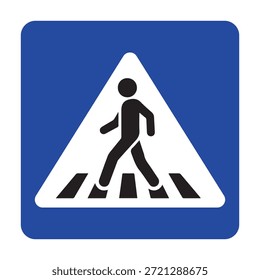This professional vector asset features a high-visibility pedestrian crossing sign designed for traffic safety and urban navigation. The design consists of a dark blue square background with rounded corners, containing a white triangle that frames a minimalist black silhouette of a person walking across a zebra crosswalk. This universal safety symbol is ideal for road infrastructure planning, educational driver awareness materials, and urban transportation signage to promote secure pedestrian transit and street safety
