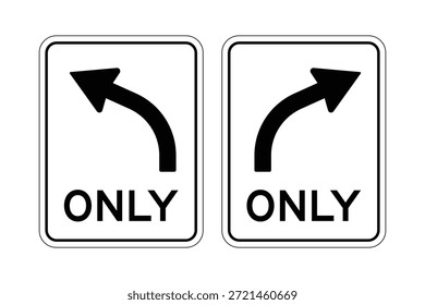 Dieses professionelle Vektorgrafik-Asset verfügt über eine Reihe von "NUR"-Richtungsschildern mit hoher Sichtbarkeit, die für die obligatorische Fahrspurkontrolle und Straßenverkehrssicherheit entwickelt wurden. Das Design besteht aus zwei vertikalen rechteckigen Zeichen mit minimalistisch schwarzen Rändern auf weißem Hintergrund, die jeweils einen fett gekrümmten Pfeil enthalten, der links und rechts über das Wort "NUR" in einer klaren serifenlosen Schriftart zeigt. Dieses universelle Verkehrssymbol-Set eignet sich ideal für Kreuzungsmanagement, städtische Infrastrukturplanung und Lehrmaterial, um einen organisierten Fahrzeugfluss und eine effiziente Verkehrsführung zu gewährleisten.