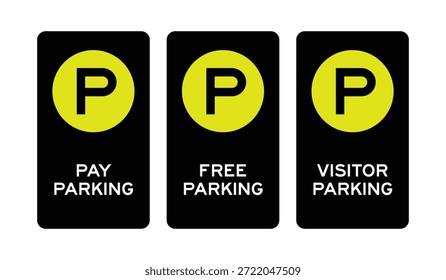 This professional vector collection features three high-contrast vertical parking signs designed for urban transit management and facility wayfinding. The set includes designated signs for 