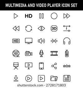 Esta coleção vetor profissional apresenta mais de 30 ícones multimídia essenciais em um estilo limpo, preto sólido.