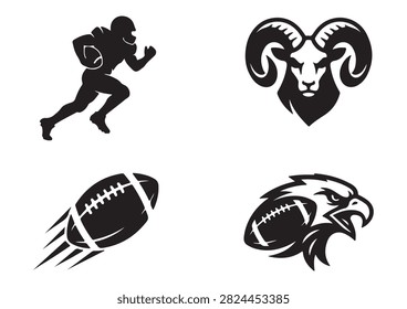 This professional vector collection features black American football silhouettes and icons, including a running player with a ball, a fierce ram head mascot, a dynamic flying football graphic, and an eagle mascot emblem. Isolated on a crisp white background, these versatile designs are perfect for sports graphics, team branding, and athletic promotional projects.

#FootballSilhouettes #AmericanFootball #SportsGraphics #FootballPlayer #RamMascot #EagleMascot #AthleticDesign #TeamSports #FootballVector #GameDay