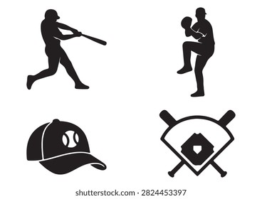 This professional vector collection features black baseball silhouettes and icons, including a batter swinging a bat, a pitcher winding up, a baseball cap icon, and a home plate emblem with crossed bats. Isolated on a crisp white background, these versatile designs are perfect for sports graphics, team branding, and athletic promotional projects.

#BaseballSilhouettes #SportsGraphics #BaseballPlayer #BaseballCap #HomePlate #AthleticDesign #TeamSports #BaseballVector #SportIcons #GameDay