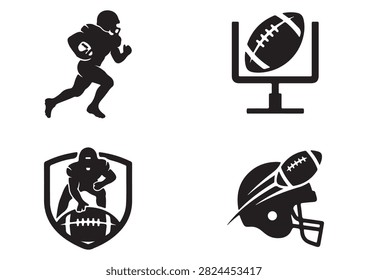 This professional vector collection features black American football silhouettes and icons, including a running player carrying the ball, a football over goalposts, a shielded player emblem, and a dynamic helmet with a soaring ball graphic. Isolated on a crisp white background, these versatile designs are perfect for sports graphics, team branding, and athletic promotional projects.

#FootballSilhouettes #AmericanFootball #SportsGraphics #FootballPlayer #Goalpost #FootballHelmet #AthleticDesign #TeamSports #FootballVector #GameDay