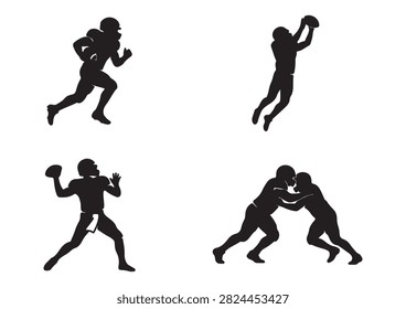 This professional vector collection features a dynamic set of black American football silhouettes, including a running back carrying the ball, a receiver catching a pass in mid-air, a quarterback preparing to throw, and two players engaged in a fierce tackle. Isolated on a crisp white background, these versatile designs are perfect for sports graphics, team branding, athletic promotional projects, and merchandise printing.

#FootballSilhouettes #AmericanFootball #FootballPlayer #Quarterback #RunningBack #TackleAction #SportsGraphics #AthleticDesign #TeamSports #FootballVector