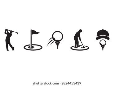 This professional vector collection features black golf silhouettes and icons, including a swinging player, a hole with a flagstick, a ball taking off from a tee, a golfer putting, and a cap with a golf ball design. Isolated on a crisp white background, these versatile vectors are perfect for golf course branding, club merchandise, and athletic promotional projects.

#GolfSilhouettes #GolfGraphics #GolfPlayer #GolfSwing #GolfTee #GolfPutting #SportsVector #AthleticDesign #GolfTournament #GameDay