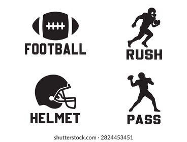 This professional vector collection features black American football silhouettes and typography icons, including a football with text, a rushing player, a protective helmet, and a passing quarterback. Isolated on a crisp white background, these versatile designs are perfect for sports graphics, team branding, and athletic promotional projects.

#FootballSilhouettes #AmericanFootball #SportsGraphics #FootballPlayer #FootballHelmet #SportsTypography #AthleticDesign #TeamSports #FootballVector #GameDay